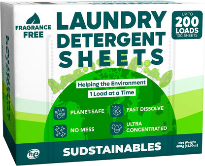 Sudstainables Eco Friendly Laundry Detergent Sheets - (200 Count), Unscented, Zero Waste, Plastic Free, Ultra Cleaning Strength, Sensitive Skin Safe, Saves Space