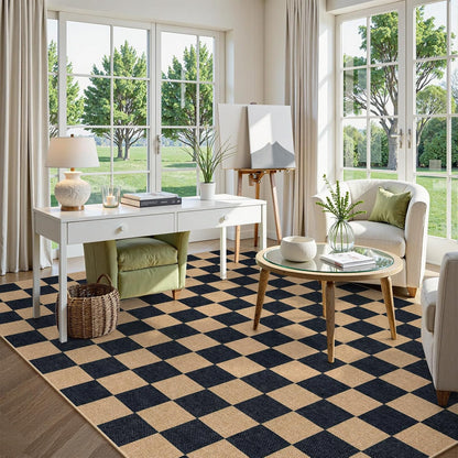 Lahome Checkered Easy Jute 8x10 Rug, Washable Rugs for Living Room Office, Farmhouse Neutral Non Slip Non Shedding Stain Resistance Indoor Outdoor Carpet for Balcony Patio Classroom