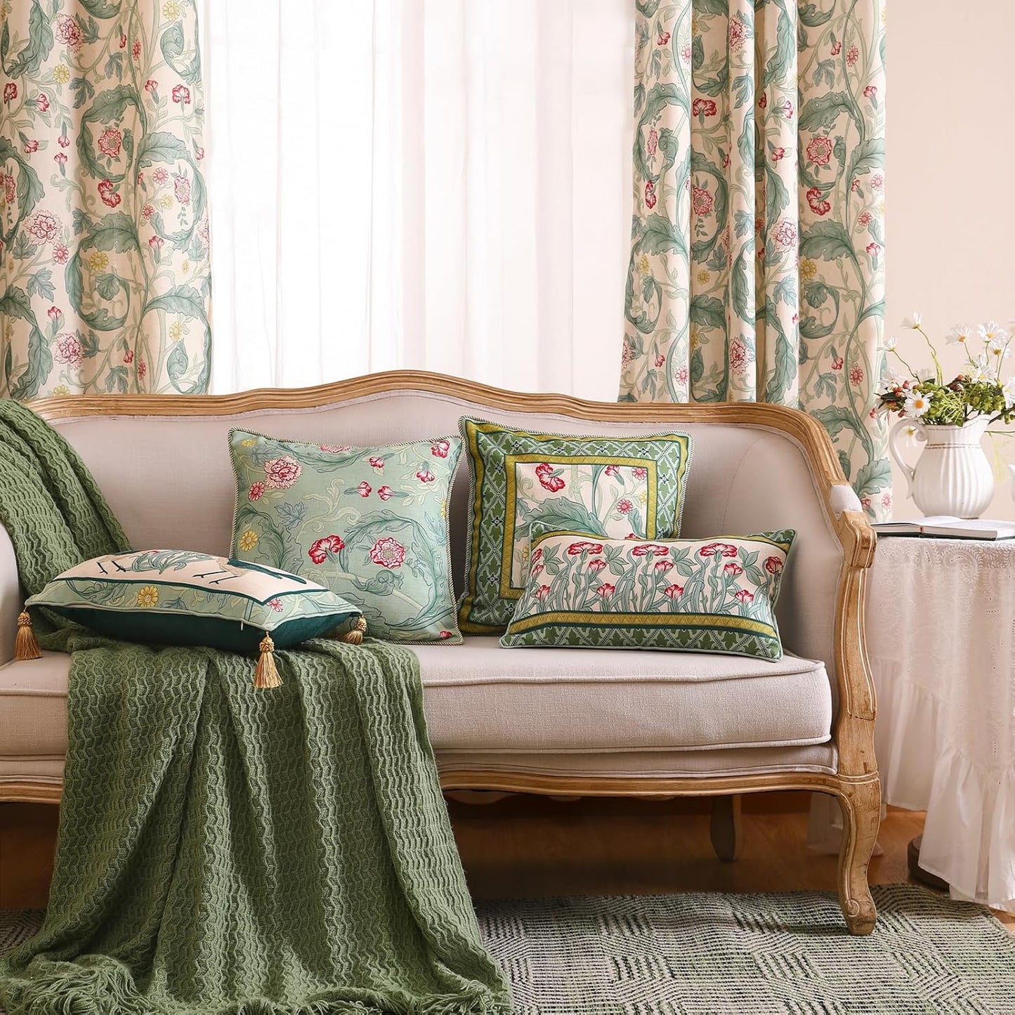 patdrea Designer Pack of 4 Throw Pillow Covers,French Vintage Rustic Linen with Green Floral Pattern Pillows Cover,Decorative Lumbar Square Pillowcases Cushion for Bed Living Room Outdoor Car