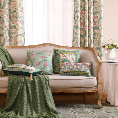 patdrea Designer Pack of 4 Throw Pillow Covers,French Vintage Rustic Linen with Green Floral Pattern Pillows Cover,Decorative Lumbar Square Pillowcases Cushion for Bed Living Room Outdoor Car