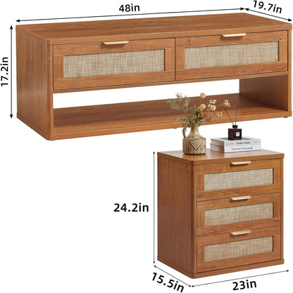 LEYAOYAO Boho Rattan Coffee Table and End Table Sets, 48" Wide Center Tables & 23" Night Stand with 3 Drawers, Brown Wood Coffee Table for Living Room 2 Piece Set