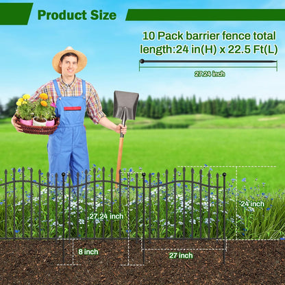 10 Panels No Dig Garden Decorative Fence with Gate - 24in H x 22.5ft L, Heavy-Duty Square Tube Animal Barrier, Rustproof Dog Fence for Outdoor Yard & Patio Protection