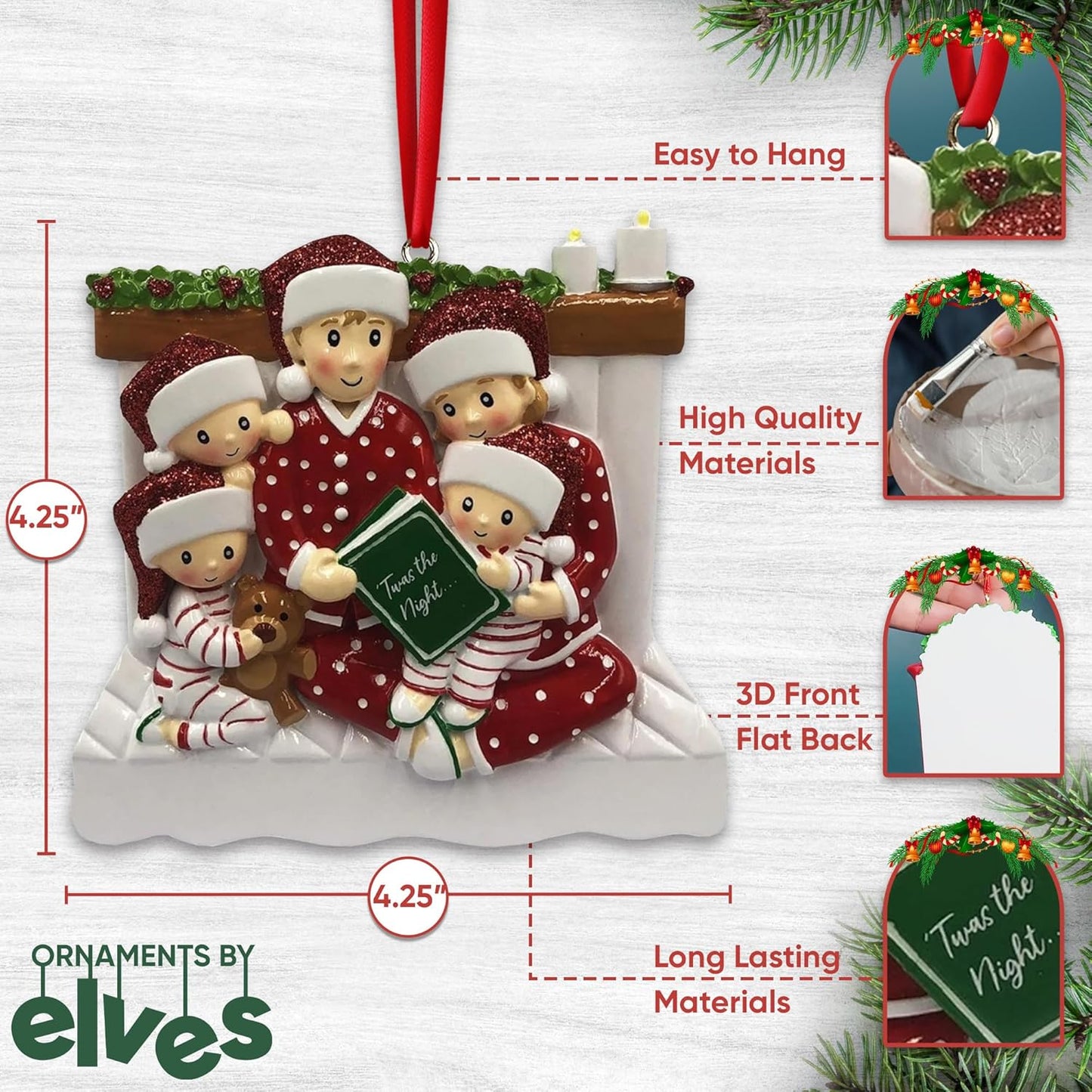 Bedtime Storytelling Family of 5 Christmas Ornament 2025 Personalized Family Christmas Ornaments 2025 | Holiday Reading Personalized Tree Ornaments Customizable Gifts Night and Book of Five Ornament