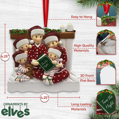 Bedtime Storytelling Family of 5 Christmas Ornament 2025 Personalized Family Christmas Ornaments 2025 | Holiday Reading Personalized Tree Ornaments Customizable Gifts Night and Book of Five Ornament