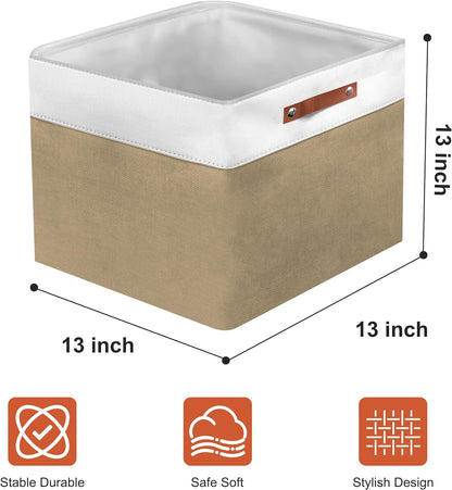 13in Open Fabric Storage Basket with Leather Handles for Organizing, Collapsible Linen Closet Bins for Shelves, Closets, Laundry, Decorative Basket for Gifts. (White＆Khaki, 2PCS/13x13in)