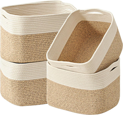 Storage Baskets for Organizing & Shelves, Woven Cotton Rope Organization Bins for Dog Toys, Clothes, Books, Nursery Organizer, 15" Lx11''Wx9.5''H, (4 Packs) Off White & Brown