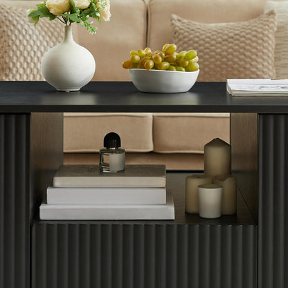 46.5" Oval Coffee Table with Drawers and Storage Mid Century Modern Fluted Solid Wood Side Coffee Tables, Luxury Tea Table Center Table for Living Rooms Offices Apartmen, Black