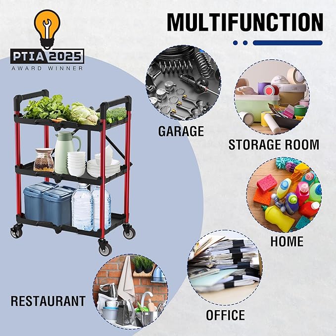 WORKPRO 3-Tier Collapsible Service Cart, 210 LBS Foldable Utility Service Cart with Wheels, Portable Tool Cart for Garage, Warehouse, Home, Restaurant, Office (No Assembly Required)