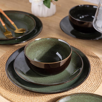 LERATIO Ceramic Dinnerware Sets for 8,Stoneware Plates and Bowls Sets,Handmade Reactive Glaze Dishes Set,Chip Resistant and Scratch Resistant | Oven&Dishwasher & Microwave Safe-Green(24PCS)