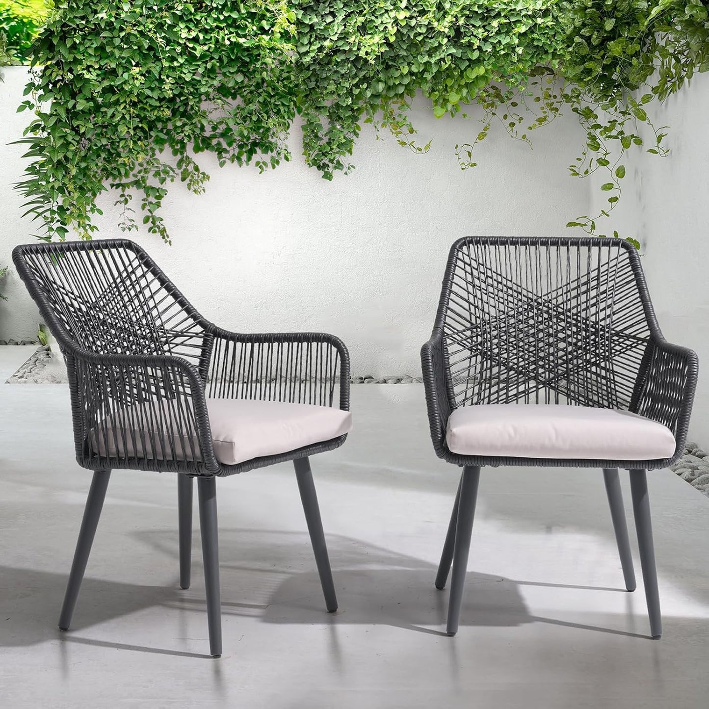 Patiorama Patio Dining Chair Set of 4, Woven Rope Outdoor Dining Chairs w/Steel Frame, All-Weather Twisted Rattan Chairs w/Armrest & Cushion, Outdoor Dining Wicker Chairs for Backyard Garden(Black)