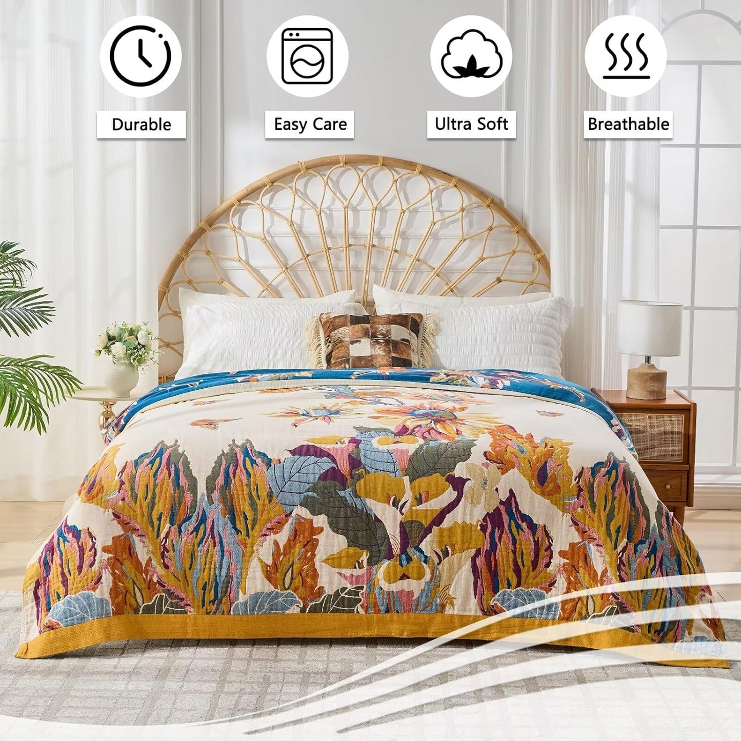 100% Cotton Boho Throw Blanket, King Size Living Room Reversible Fall Throw Blanket, Boho Floral Bird Colorful Retro Quilt Ultra Soft Reversible Gauze Blanket for All Season, 90"x98"