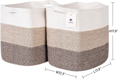 Storage Baskets for Clothes Fabric Cotton Rope Storage Basket with Handles, Decorative Woven Basket for Living Room,Closet Organizer Blankets, and 2bags (Gradient Brown, L17.8×W12.5×H17.9)
