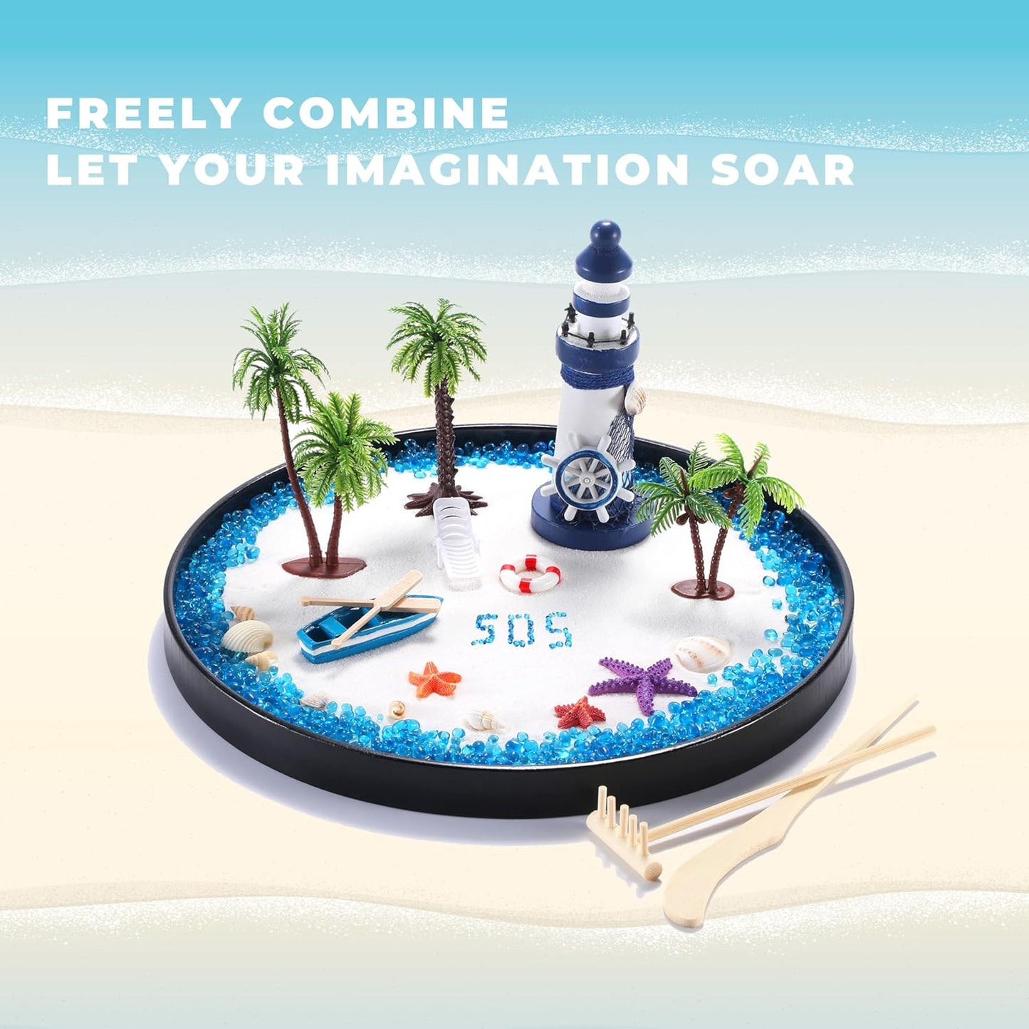 Zen Garden for Desk, Holiday Island Theme Sand Box Kit, Garden Meditation, Stress Relief Gifts, Home Office Desk Decoration.