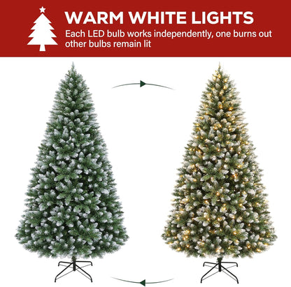 Hykolity 6 ft Prelit Christmas Tree with 250 LED Warm White Lights, Partially Snow Flocked Artificial Tree, 1032 PVC Branches, Metal Stand and Hinged Branches, Holiday Decoration for Home