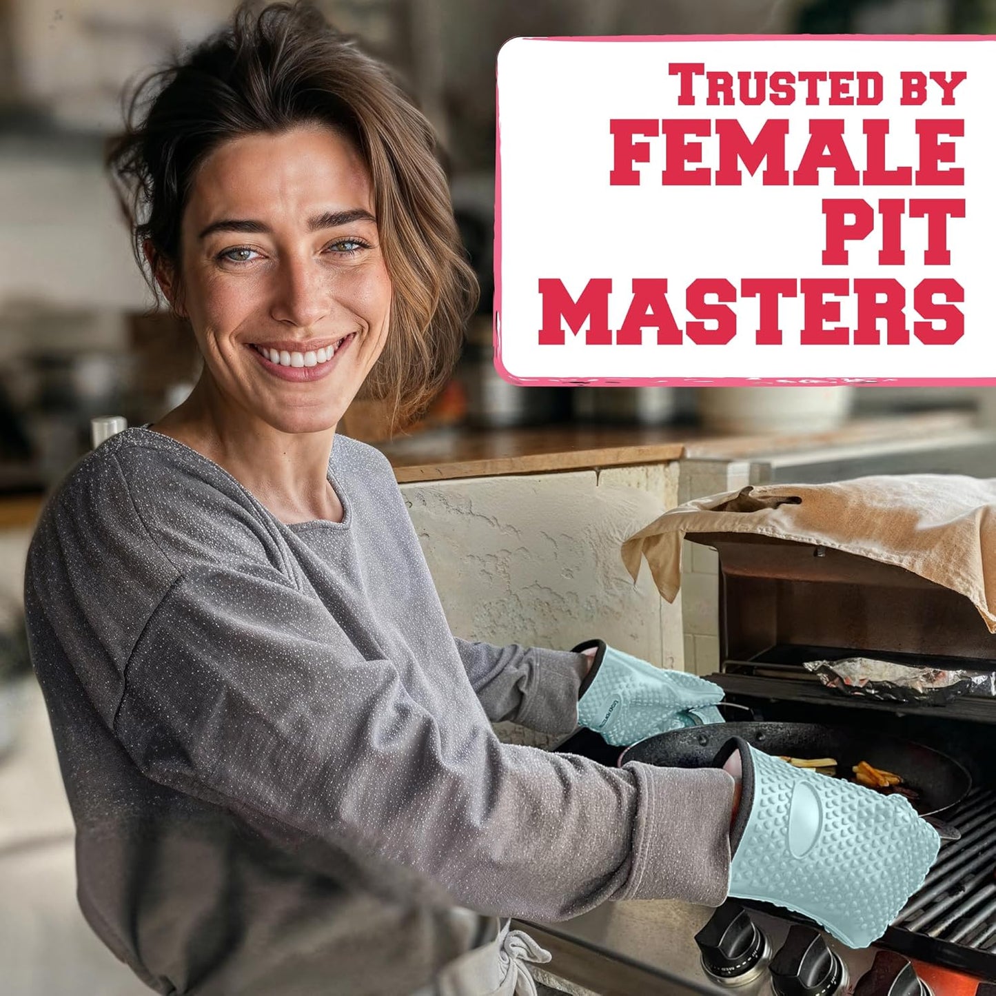 KITCHEN PERFECTION Silicone Smoker Oven Gloves For Women -Extreme Heat Resistant BBQ Gloves -Handle Hot Food Right on Your Smoker Grill Fryer|Waterproof Oven Mitts Grill Gloves |Superior Set+3 Bonuses