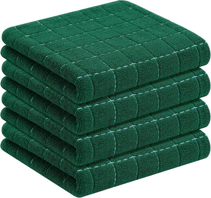 Homaxy 100% Cotton Terry Kitchen Towels(Dark Green, 13 x 28 inches), Checkered Designed, Soft and Super Absorbent Dish Towels, 4 Pack