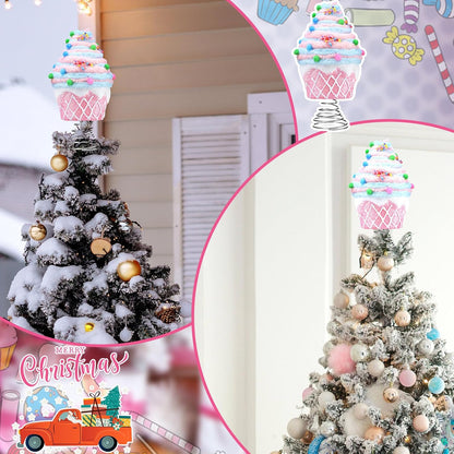 Retisee 7.9 Inch Pastel Dessert Christmas Tree Topper Pink Cupcake Tree Topper Candy Donut Christmas Tree Decoration Pastel Christmas Ornaments for Christmas New Year Birthday Party Decor