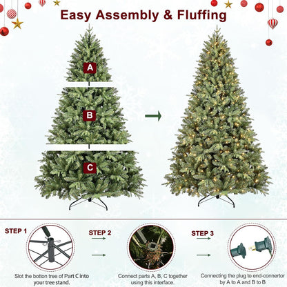 5FT Pre-Lit Artificial Christmas Tree with 1032 PE&PVC Mixed Branch Tips, 300 Warm White Lights, Hinged Premium Spruce Fake Xmas Trees, Green, Foldable Base