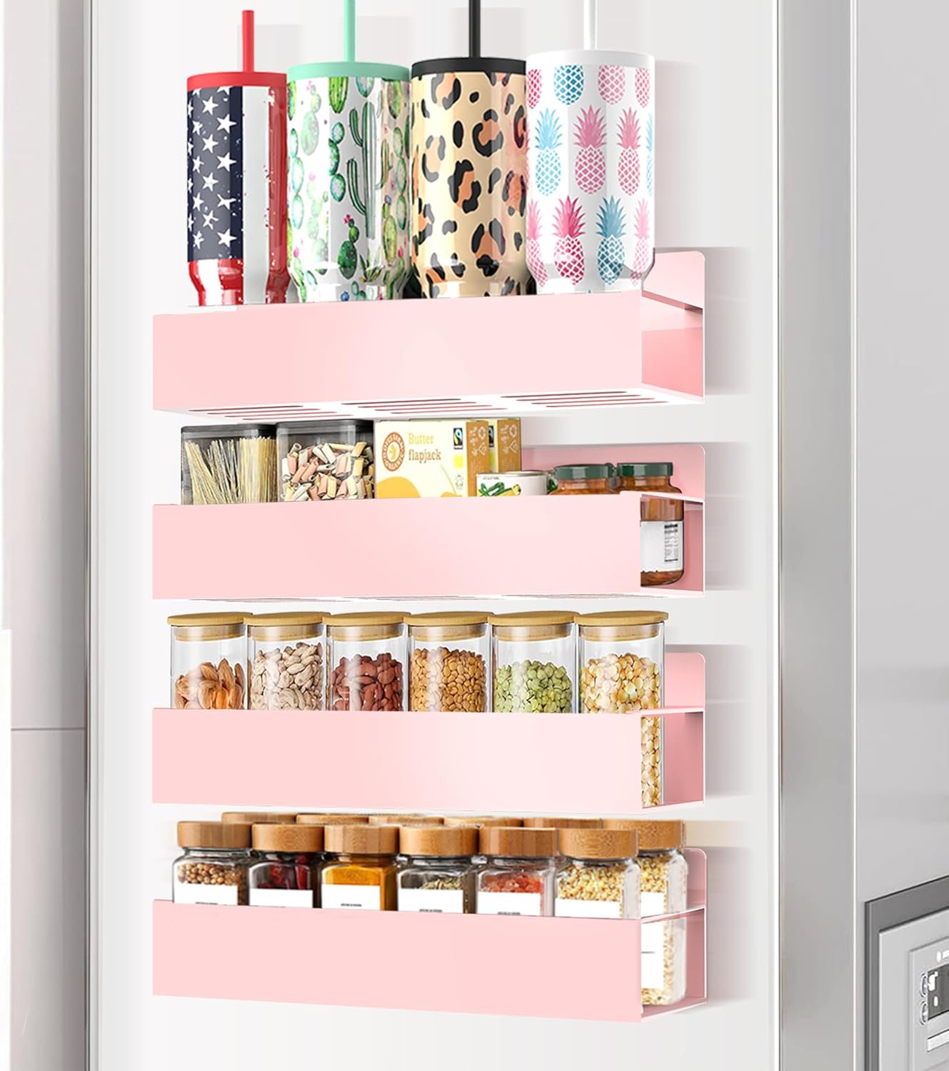 Magnetic Spice Rack Organizer for Fridge Seasoning Organizer for Kitchen Storage With Screw Magnetic Shelf for Oven, RV,Garage,Bathroom (Pink, 4pack)