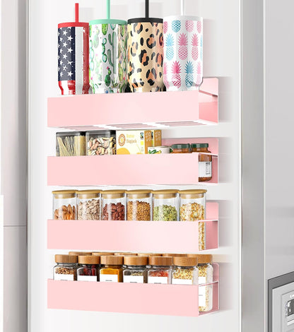 Magnetic Spice Rack Organizer for Fridge Seasoning Organizer for Kitchen Storage With Screw Magnetic Shelf for Oven, RV,Garage,Bathroom (Pink, 4pack)