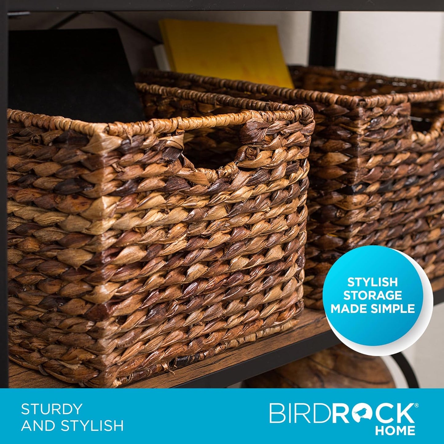 BIRDROCK HOME Woven Storage Shelf Organizer Baskets with Handles - Set of 3 - Abaca Wicker Basket - Pantry Living Room Office Bathroom Shelves Organization - Under Shelf Basket - Handwoven (Espresso)