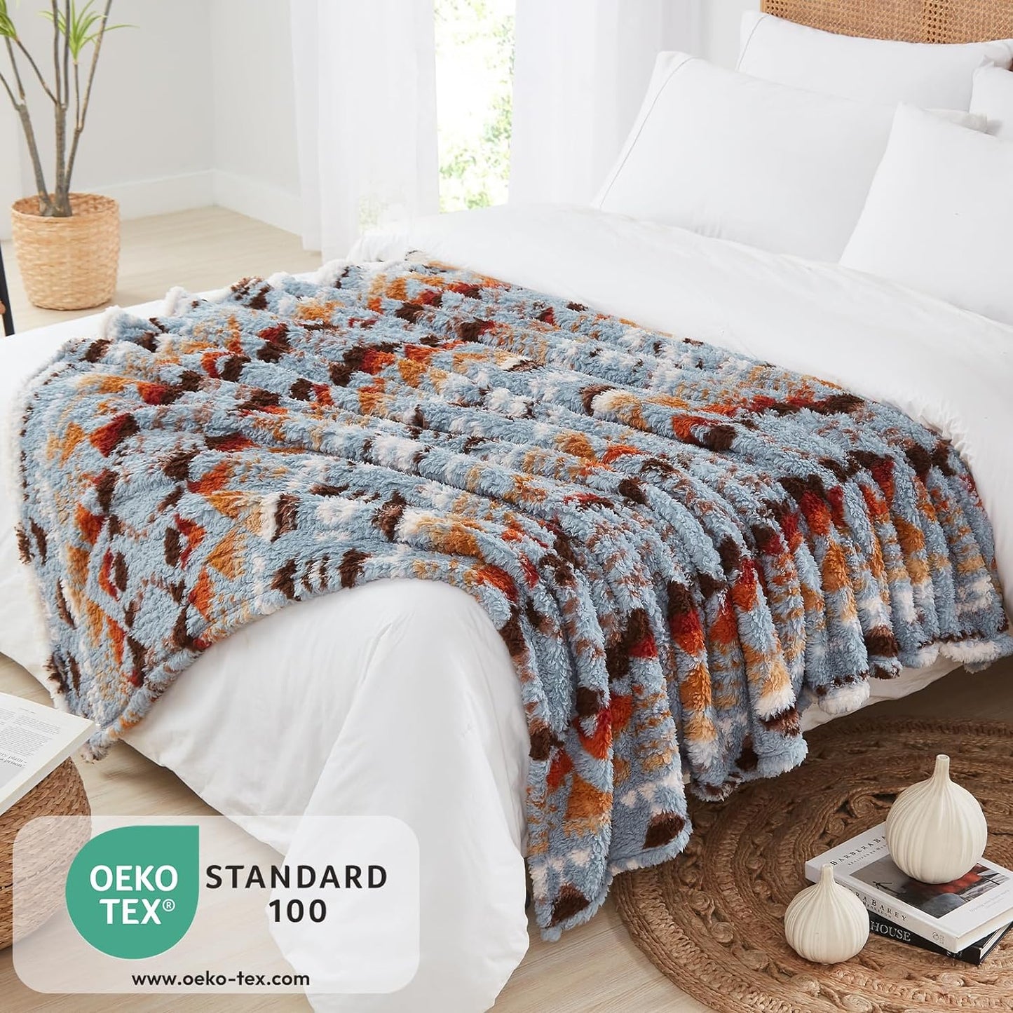CASAAGUSTO Boho Sherpa Blanket,Teal Aztec Twin Blanket, Ultra Soft, Warm, Cozy, Plush, Thick Fleece Western Blanket for Couch, Bed, Sofa (Blue Grey 60 * 80 Inch)