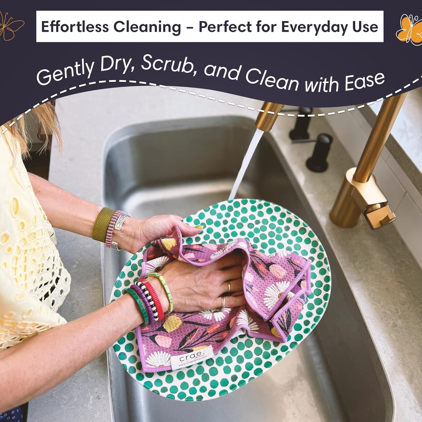 Microfiber Hand Towel & Washcloth Set of 2 - Double-Sided, Waffle Weave, Super Absorbent, Lint-Free, Fast Drying - Wings & Flower Farm Pattern for Bathroom, Kitchen, Car, and Window Cleaning