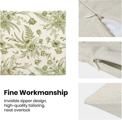 CXMEIFLY Sage Green Floral Leaves Chinoiserie Decorative Throw Pillow Covers Set of 2, 18x18 Inch, Perfect for Living Room, Bedroom, Outdoor Gardens