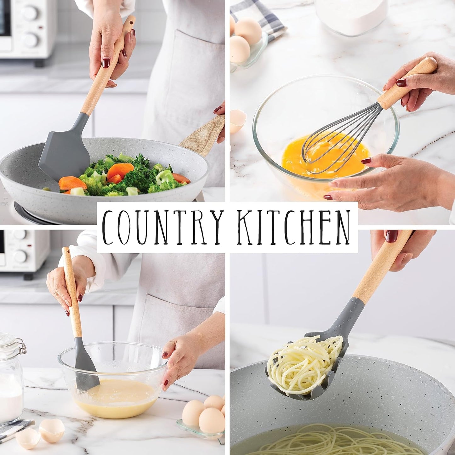 Country Kitchen Non Stick Silicone Utensil Set with Rounded Wood Handles for Cooking and Baking, 38 Piece Set, Gray