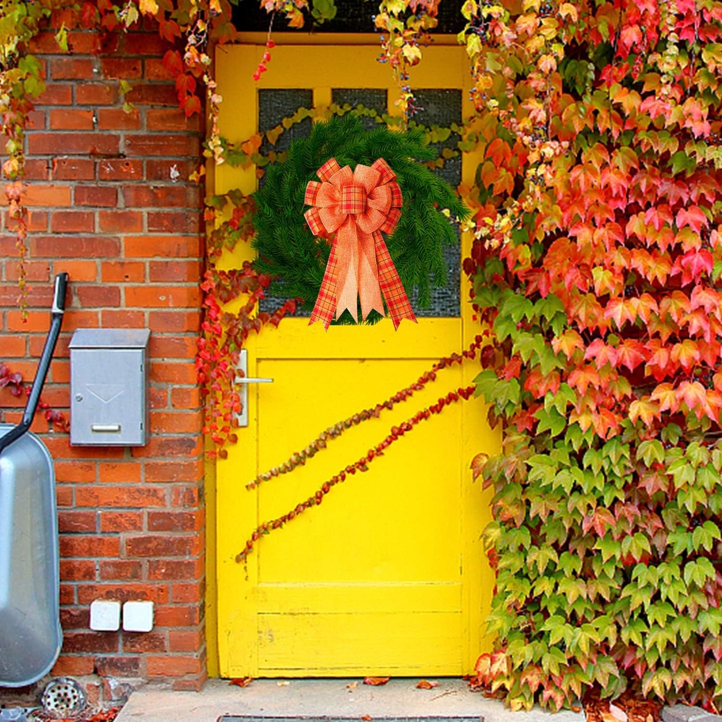 Iceyyyy 3Pcs Large Fall Thanksgiving Wreath Gift Bow -18.8x10.6inch Orange Buffalo Plaid Check Wreath Swag Bow Wreath Pre-Tied Bow for Fall, Thanksgiving, Christmas, Home Indoor Outdoor Ornaments