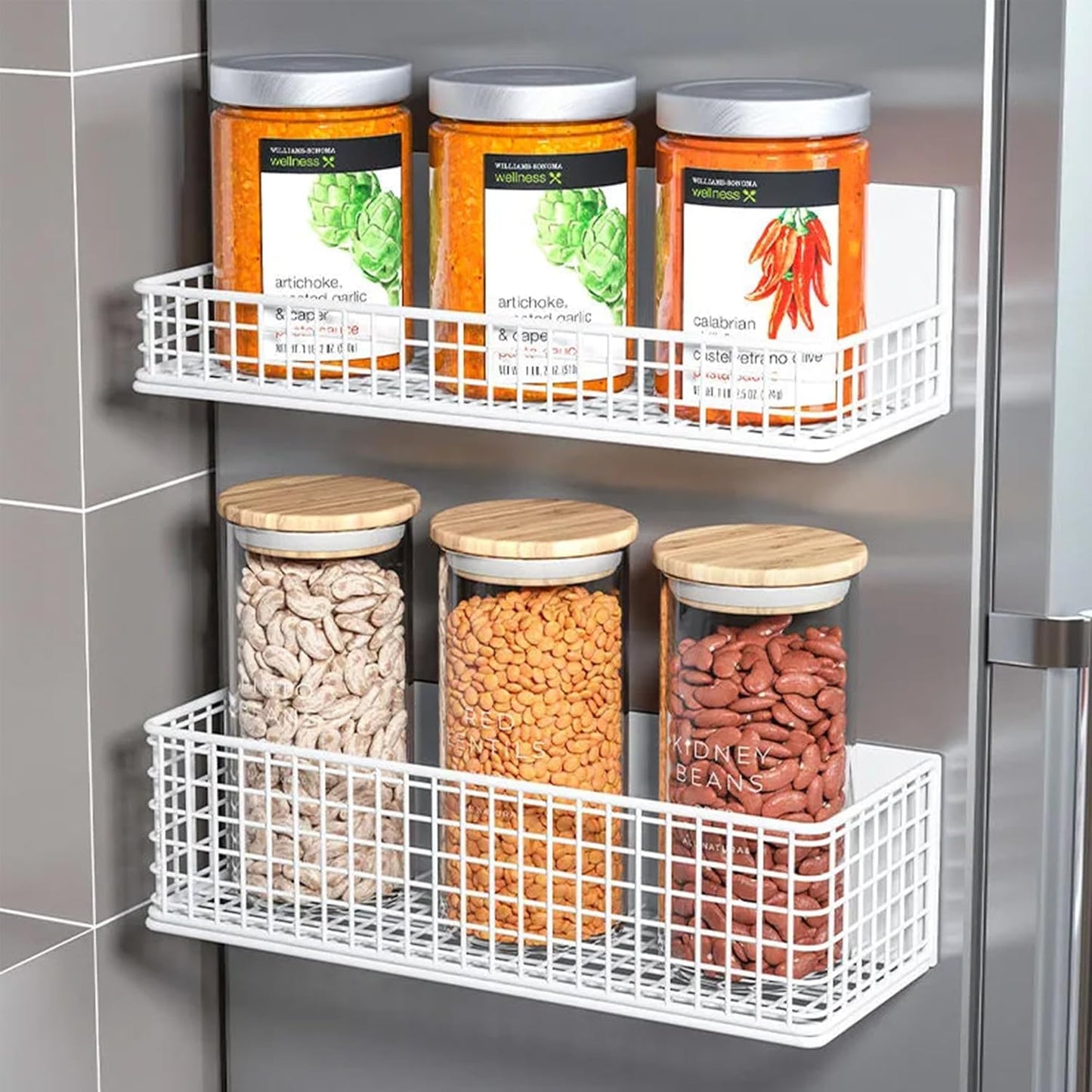 Magnetic Basket Fridge Organizer Wire Bins Pencil Holder Whiteboard Accessories Home Kitchen Organization (White-Low)