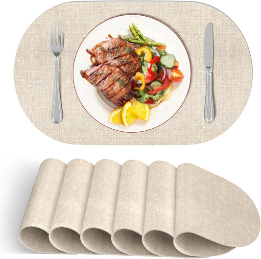 DOLOPL Placemats Set of 6, Oval Large Beige Place Mats for Kitchen Dining Room Table Decorations, Faux Leather Anti Slip Waterproof Dining Table Place Mats for Indoor & Outdoor Use(13.8"x21.6")
