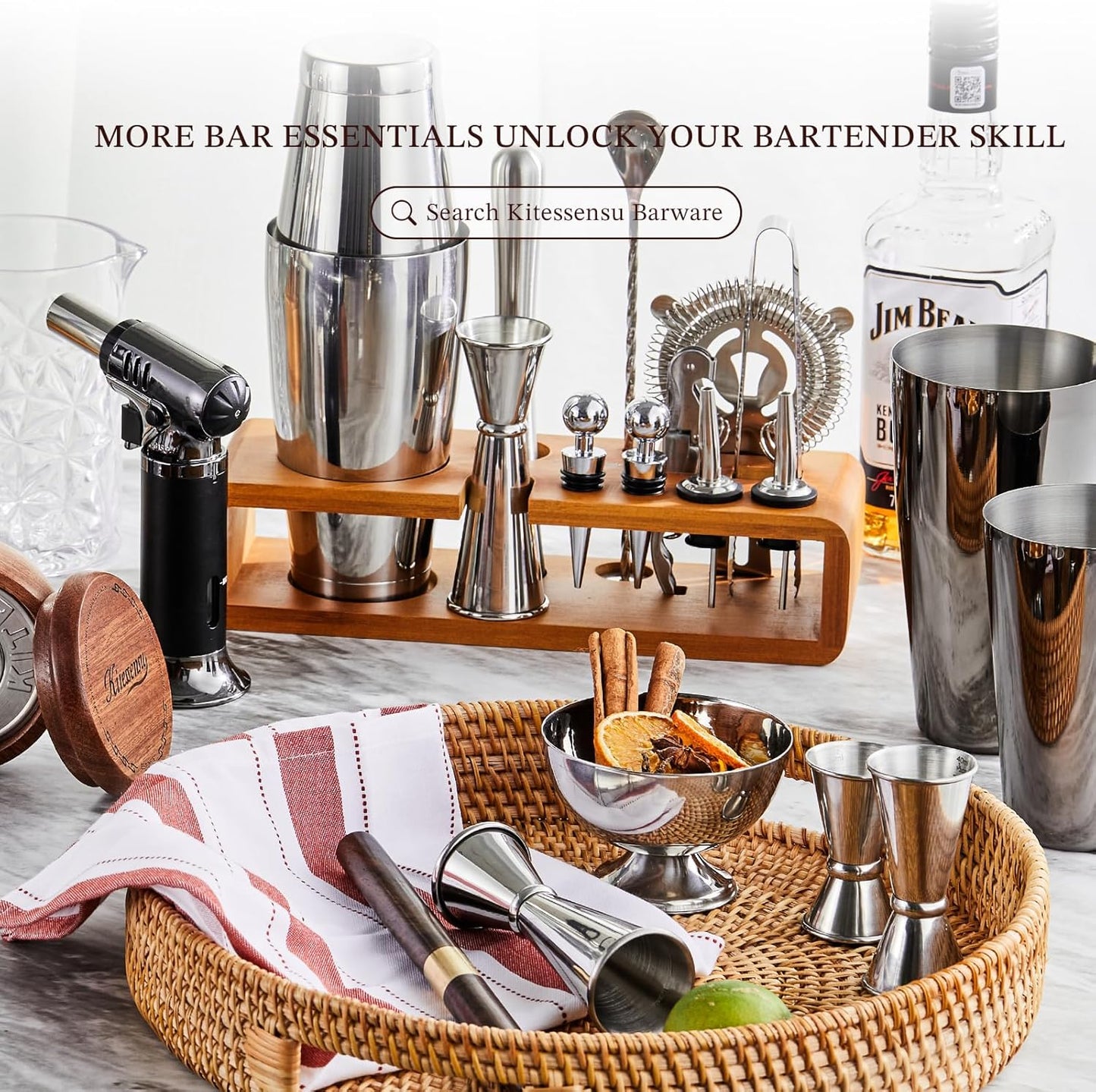KITESSENSU Cocktail Shaker Set Bartender Kit with Stand | Bar Set Drink Mixer Set with All Essential Bar Accessory Tools: Martini Shaker, Jigger, Strainer, Mixer Spoon, Muddler, Liquor Pourers | Black