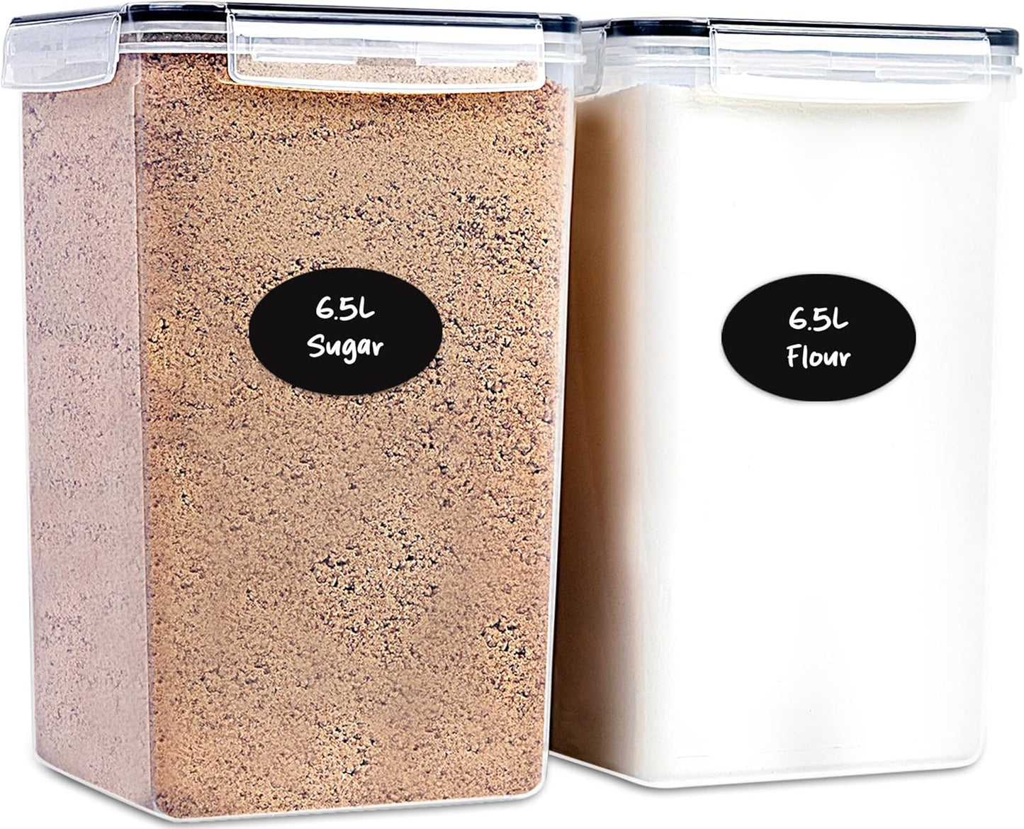 Extra Large Flour and Sugar Storage Containers 6.5L - 220 Fl. Oz 2 Pc Plastic Bulk Airtight Food Storage Rice Containers With Lids - Kitchen Pantry Organizer and Storage Canisters, Marker and Labels