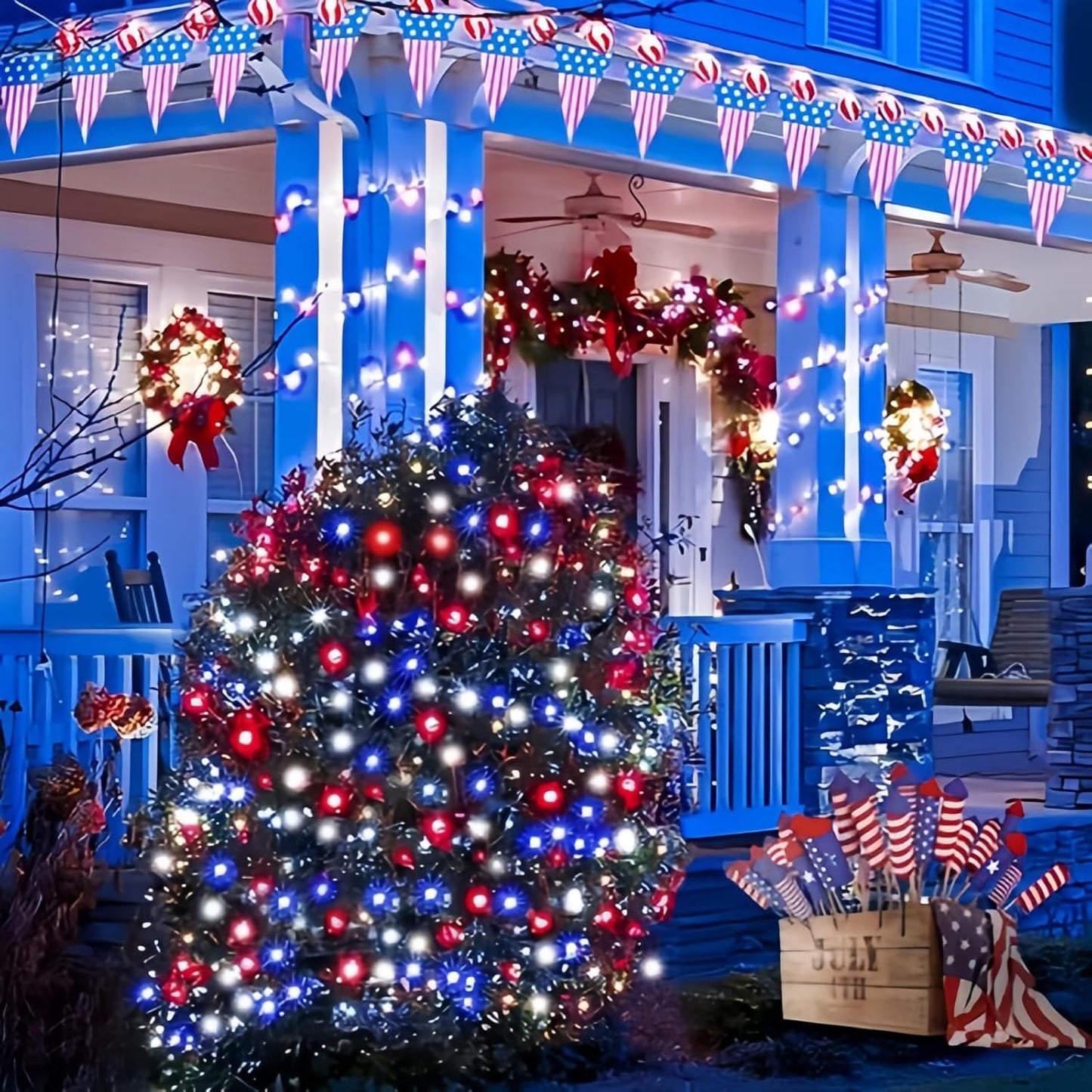 EEW 2 Pack 200 LED Red White and Blue Solar String Lights Outdoor Waterproof, Solar Powered LED Patriotic Lights, Solar Tree Lights for Independence Day Decor 4th of July Memorial Day Decorations