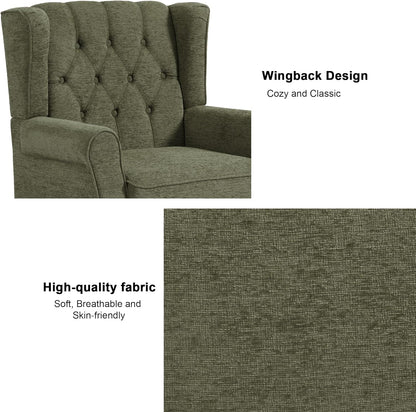 Accent Chair, Upholstered Armchair with Button Tufted High Back & Solid Wood Legs, Comfy Wingback Reading Single Sofa Chair for Small Spaces, Living Room, Bedroom (Green, Set of 2)