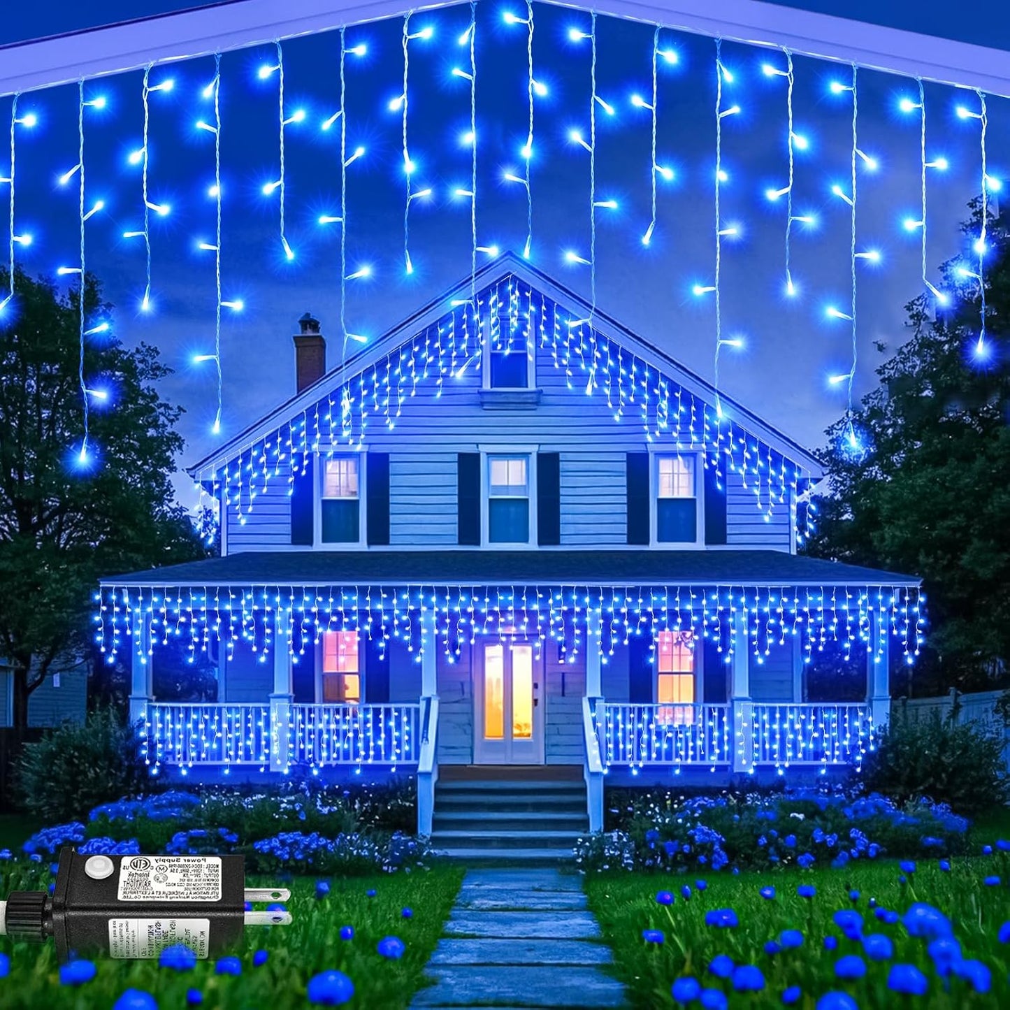Blue Christmas Lights Outdoor, 66ft 640 LED Icicle Lights for Outside House with Connectable Clear Wire 8 Modes Timer, Plug in Waterproof for Home Holiday Eaves Patio Yard Party Room Indoor Decoration