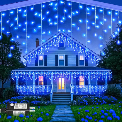 Blue Christmas Lights Outdoor, 66ft 640 LED Icicle Lights for Outside House with Connectable Clear Wire 8 Modes Timer, Plug in Waterproof for Home Holiday Eaves Patio Yard Party Room Indoor Decoration