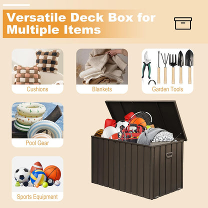 Domi 200 Gallon Deck Box, Outdoor Metal Lockable Storage Cabinet, Waterproof Steel Outdoor Bench with Lockable Lid, Side Handles & Rolling Casters for Outside Cushions, Pillows, Garden Tools, Brown
