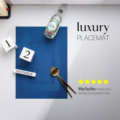 LEXMORE Placemats Set of 6 Vinyl/Plastic Woven Place Mats for Kitchen Table Indoor/Outdoor Washable Placemat Wipeable Dining Table Mats(Navy Cube)