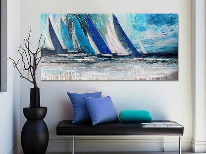 Arjun Blue Abstract Wall Art Canvas Teal Ocean Sailboat Picture Modern Turquoise Coastal Nautical Painting, Extra Large 58"x29" Framed Textured Artwork for Living Room Bedroom Home Office Wall Decor
