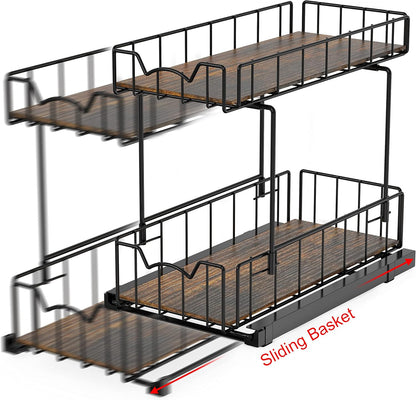 Simple Houseware 2-Tier Spice Rack Slide Out Wire Basket Drawer Organizer, Black