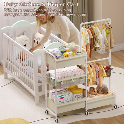 2in1 Baby Diaper Caddy & Clothes Organizer and Storage Rolling Cart, Large Capacity Nursery Organization For Baby Dresser,Changing Table, Crib, With 2 Dividers & 7 Pockets,White
