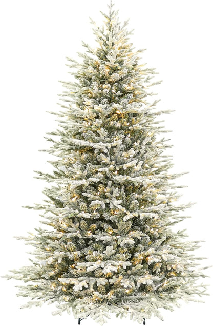 Hykolity 7.5 ft Prelit Snow Flocked Christmas Tree, 2933 PE&PVC Realistic Branch Tips, Artificial Twinkling Christmas Tree with 450 Warm White LED Lights, Metal Stand and Hinged Branches