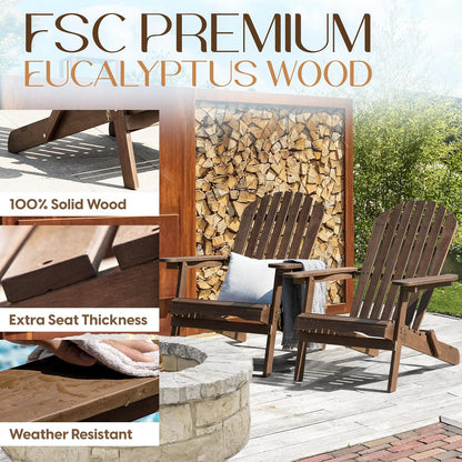 IDZO Outdoor Wooden Folding Adirondack Chair Set of 2 with Pre-Assembled BackRest, Wood Patio Chair for Garden Backyard Porch Pool Deck Firepit