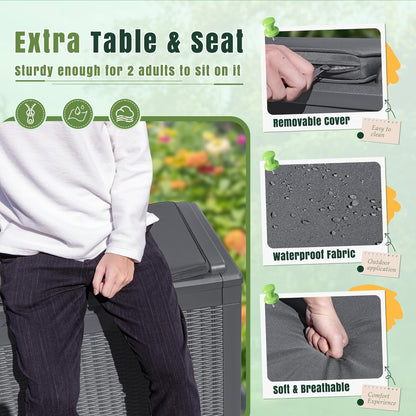 Greesum 100 Gallon Resin Deck Box Large Outdoor Storage with Cushions for Patio Furniture, Garden Tools, Pool Supplies, Weatherproof and UV Resistant, Lockable, Gray