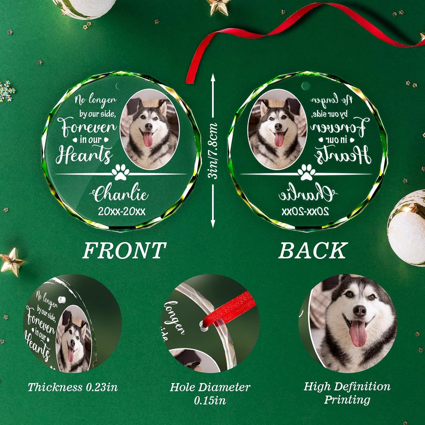 Personalized Memorial Pet Glass Ornament - Custom Picture Christmas Ornaments, Dog Forever in Our Hearts Hanging Ornament Xmas Tree Decor for Dog Lovers