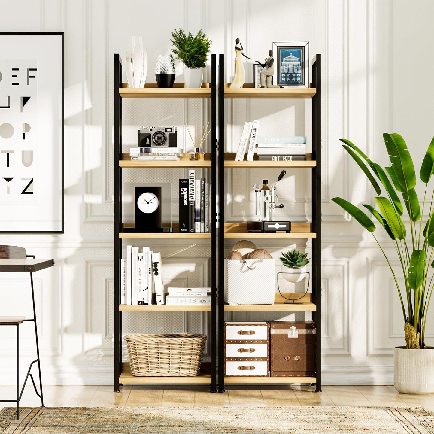 NUMENN Narrow Bookshelf, 5 Tier Bookshelves, Home Office Bookcase Shelf Storage Organizer, Free Standing Storage Shelving Unit for Bedroom, Living Room and Home Office, Natural