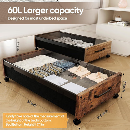 Wooden Under Bed Storage with Wheels, Rolling Under the Bed Storage Bins with Removable Lid, Metal Under Bed Drawers for Clothes and Shoes in Bedroom or Living Room(Black Wood-2pack)