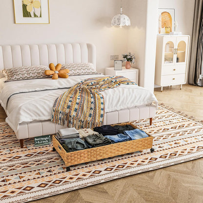 Under Bed Storage Containers with Wheels, 2 Pack 31.5in / 35L Handmade Rattan Underbed Organizer Drawer, Tool-free Assembly Rolling Under Bed Storage Bins for Shoes Clothes Toy Book